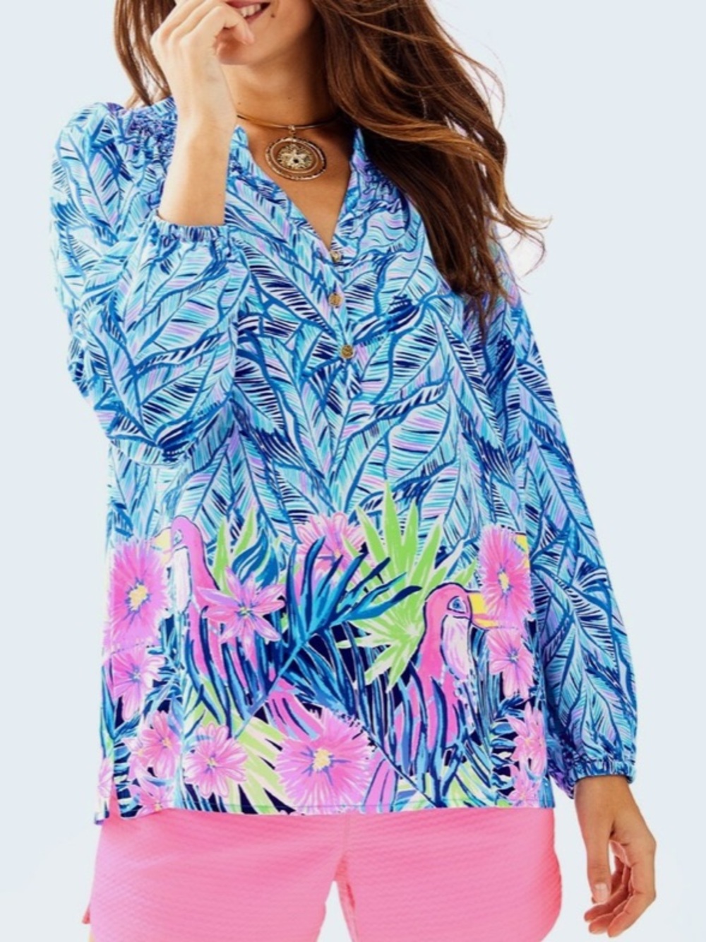 Lilly Pulitzer Elsa silk top in the "Let's Mango" tropical toucan print, size M